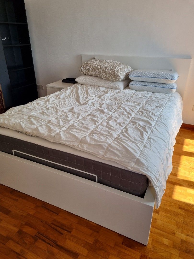 IKEA MALM white ottoman bed & HOVAG mattress, Furniture & Home Living
