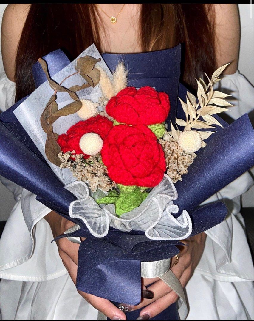 Knitted crochet handmade rose bouquet with preserved flowers. Add ons floral card 5 LED light 5 Teddy bear 15 or photo magnet with photo 8 as