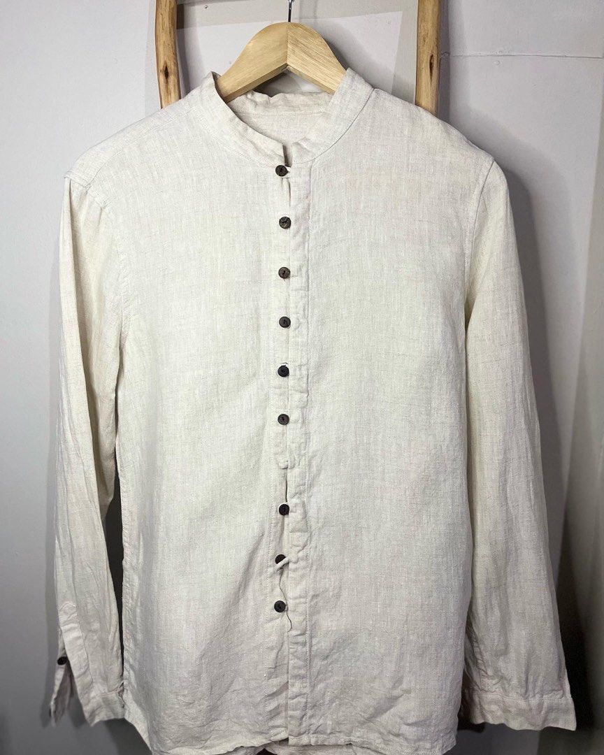 Chinese Collar Linen Shirt in Bone