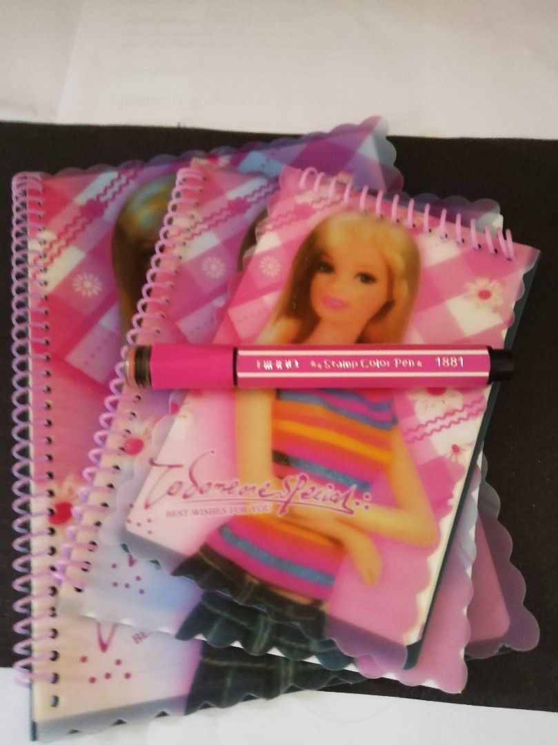 [NEW] Barbie themed Notebook 3in1 Free marker & stamp, Hobbies & Toys