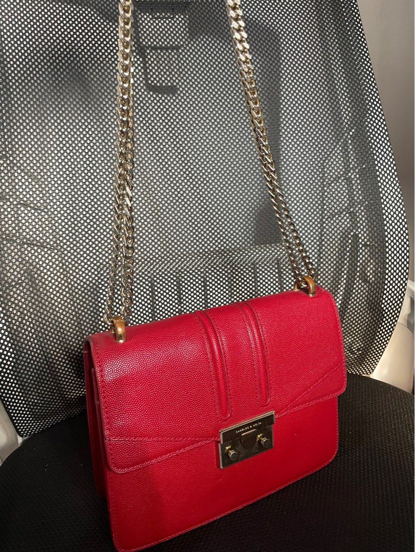 Original Charles & Keith Metallic Push-Lock Shoulder Bag - Red, Women's ...