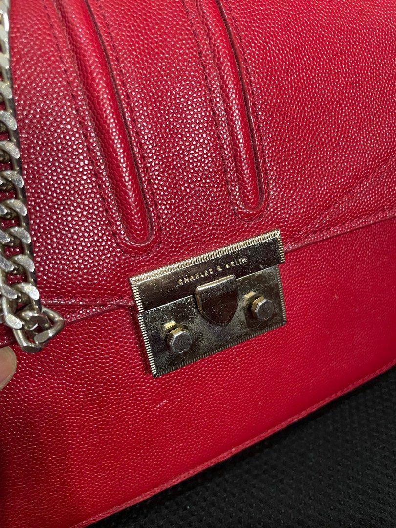 Original Charles & Keith Metallic PushLock Shoulder Bag Red, Women's