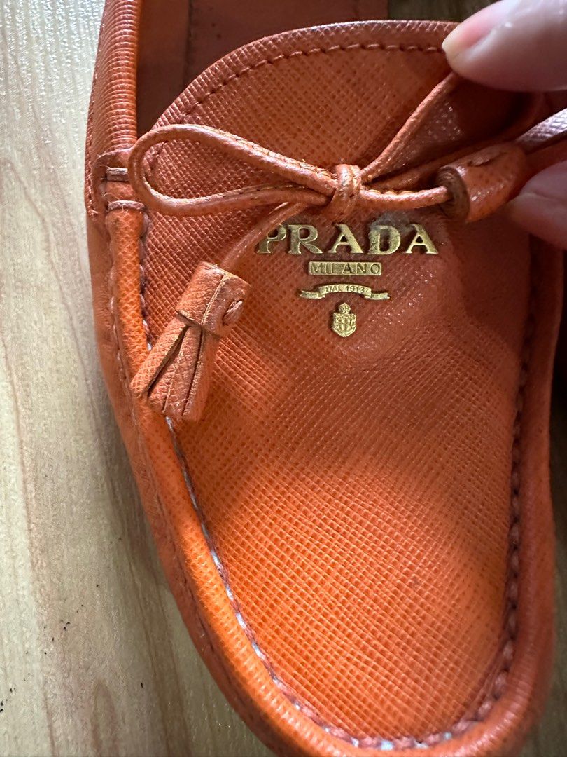 Prada Orange Leather Bow Slip On Loafers Size 37.5 , Women display picture 1