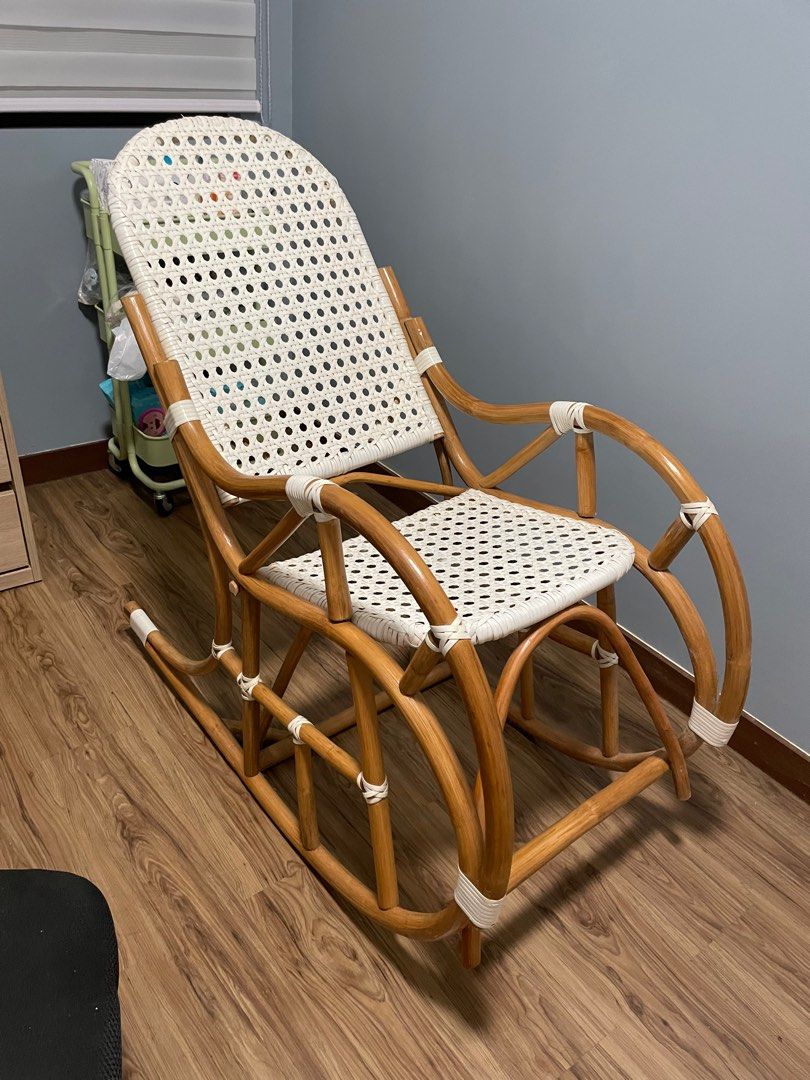 Rattan rocking chair with white weave, Furniture & Home Living