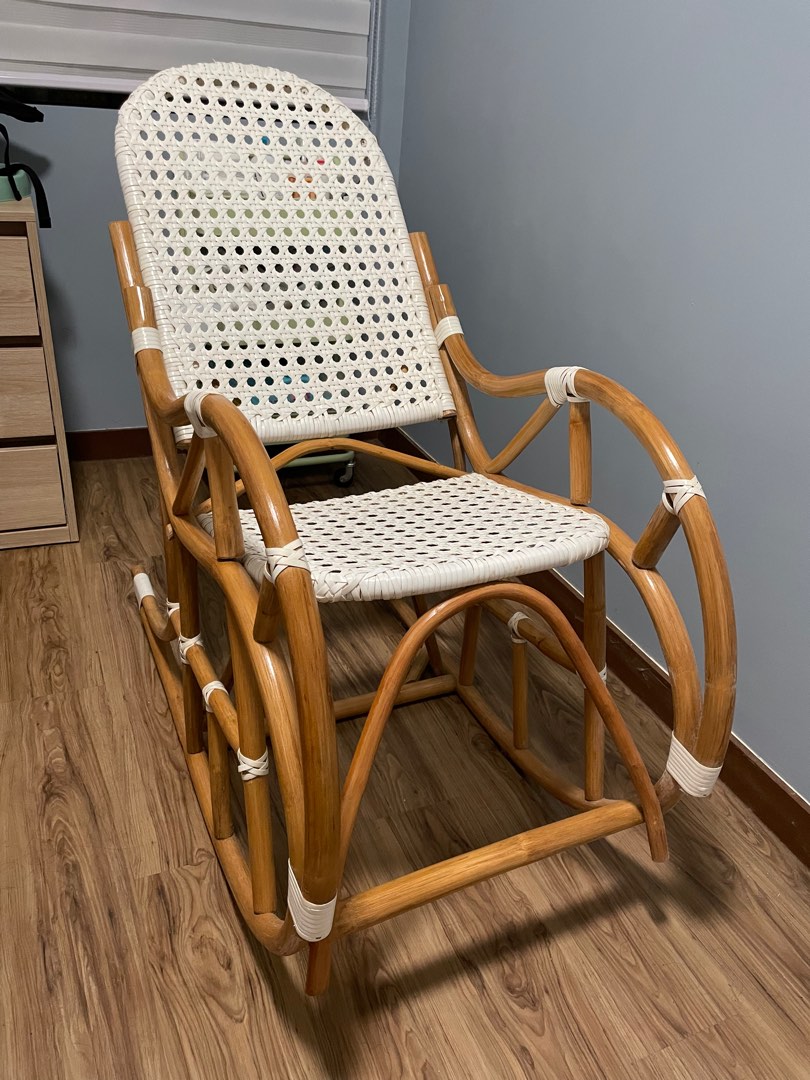 Rattan rocking chair with white weave, Furniture & Home Living
