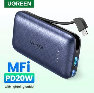 UGREEN 10000mAh Power Bank PD 20W Fast Charging with Built-In Lightning Cable for iPhone 14 13 Pro Max for Realme Huawei SAMSUNG Mobile Phones Power Adapter