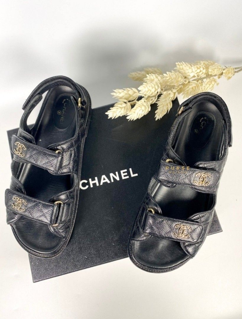 Used Few Times Chanel Chain CC Logo Gold Dad sandals Caviar Leather Size  40.5 EU (26cm), Luxury, Sneakers & Footwear on Carousell