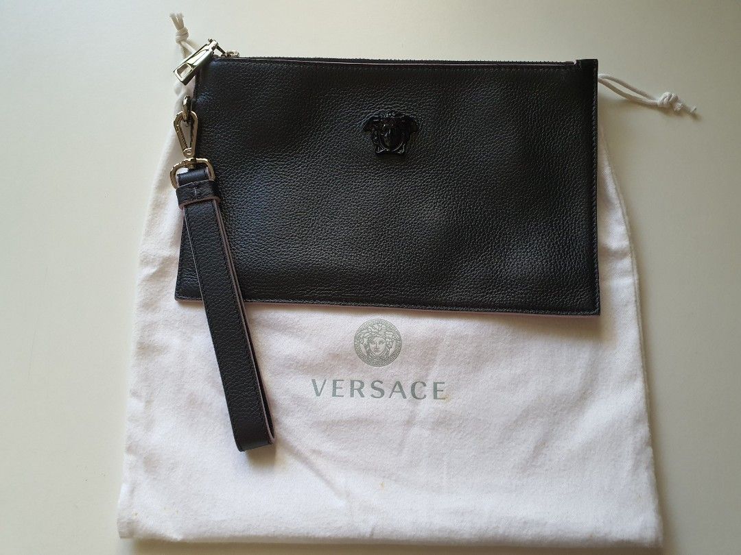 VERSACE Palazzo Medusa black pebble leather top zip wristlet clutch bag Women s Fashion Bags Wallets Clutches on Carousell