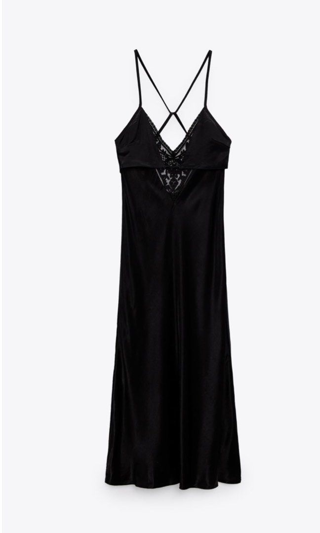 ZARA SATIN CAMISOLE DRESS BLACK WITH V NECK BRALETTES LACE DETAIL
