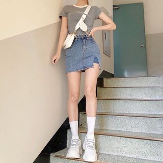 全新 百搭開衩牛仔褲裙