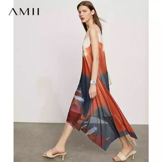 AMII Minimalism Summer Women's Dresses Fashion V Neck Contrast Printed Dress Elegant Sleeveless Irregular Maxi Dress