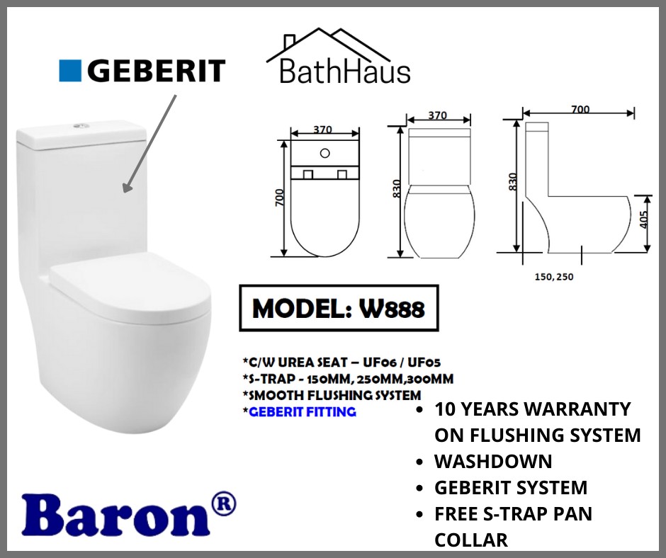 Baron 1-Piece Toilet Bowl Water Closet W-888 (Geberit Flushing System)