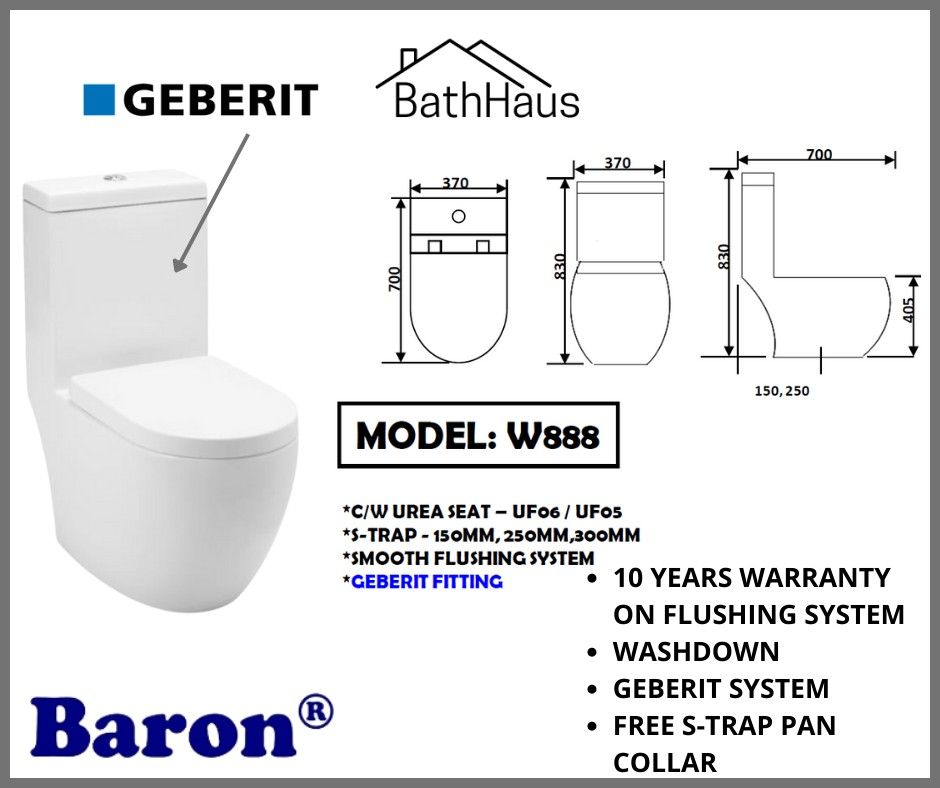 Baron W888 1 piece toilet bowl with Geberit Flushing/ Soft Closing