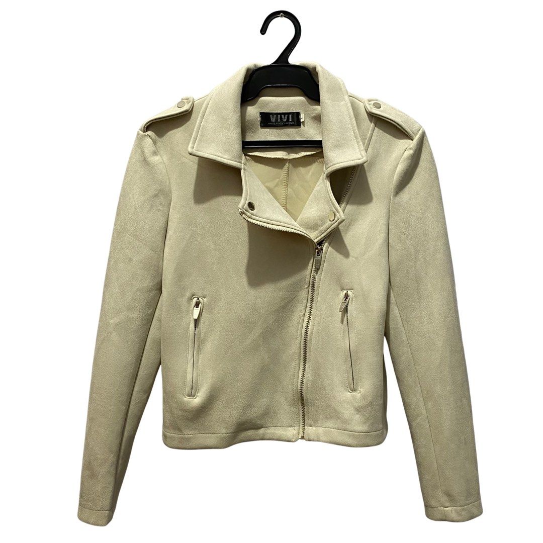Beige Biker Jacket, Women's Fashion, Coats, Jackets and Outerwear on ...