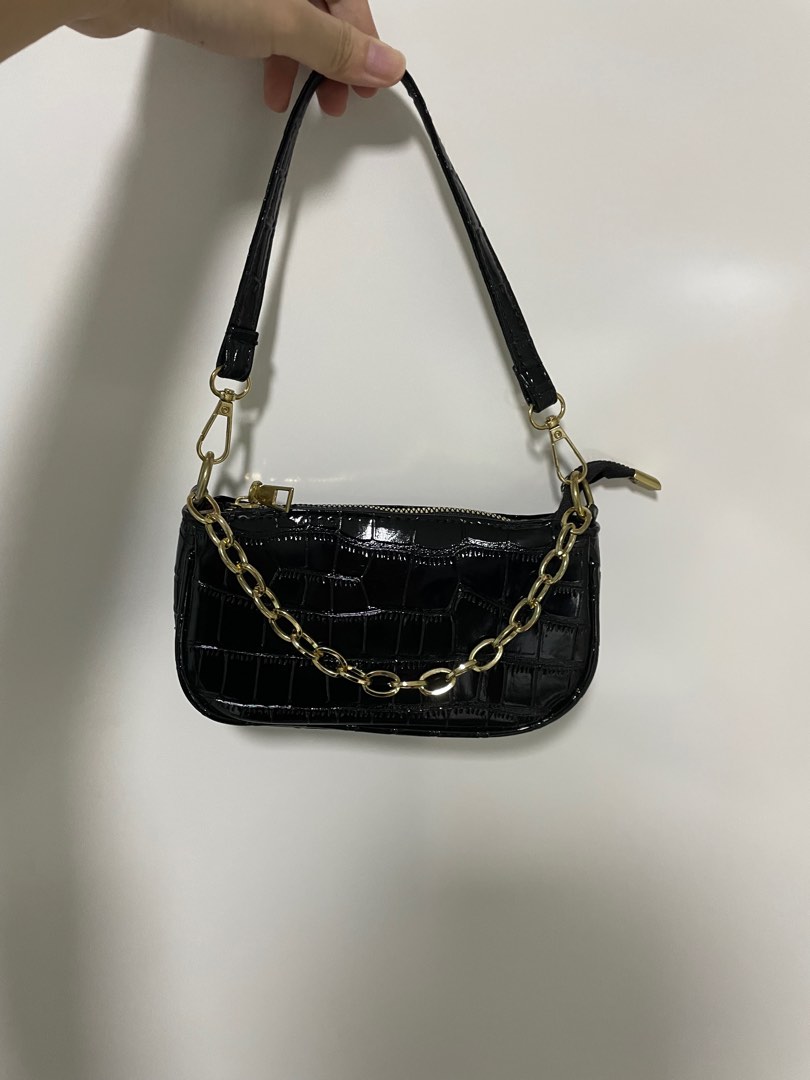 Black Leather Look Stud Chain Shoulder Bag