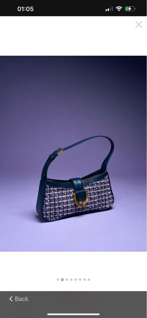 Charles Keith Gabine Tweed Curved Shoulder Bag Navy, Women's - Main Image