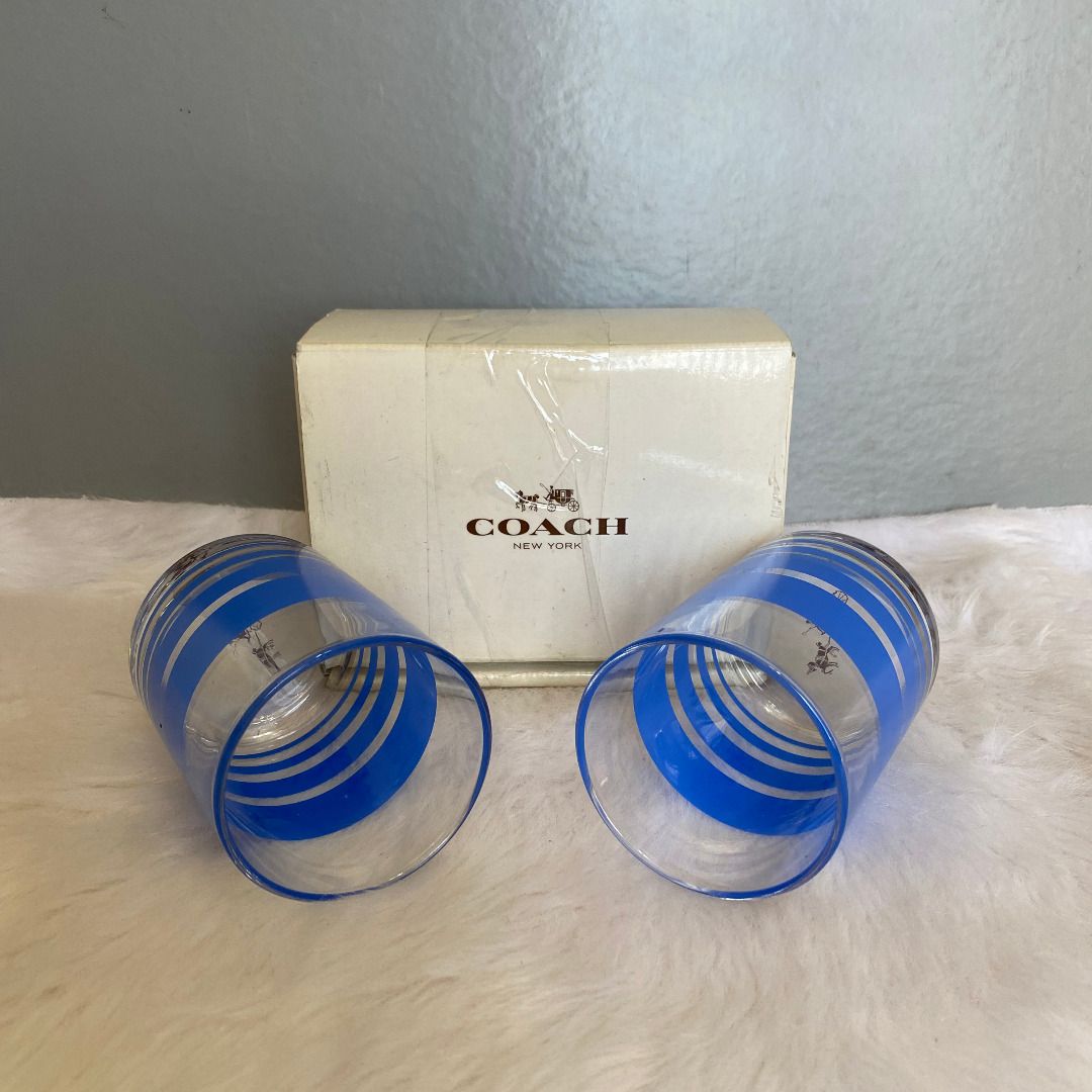 Coach Clear Blue Striped Pattern Carriage Logo Drinking Glass ...