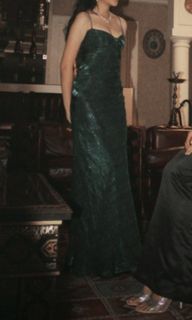 Emerald green silk long prom dress