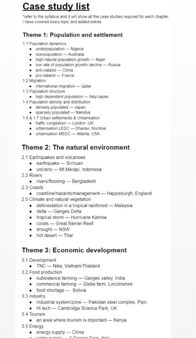 igcse geography (0460) case study notes 2022 syllabus from a straight