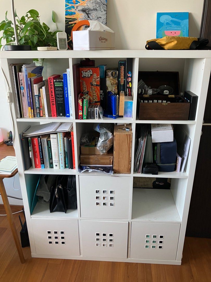 IKEA Kallax white shelving 3x4 with 4 Lekman box drawers, Furniture