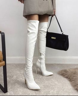 Knee High Stiletto White Boots