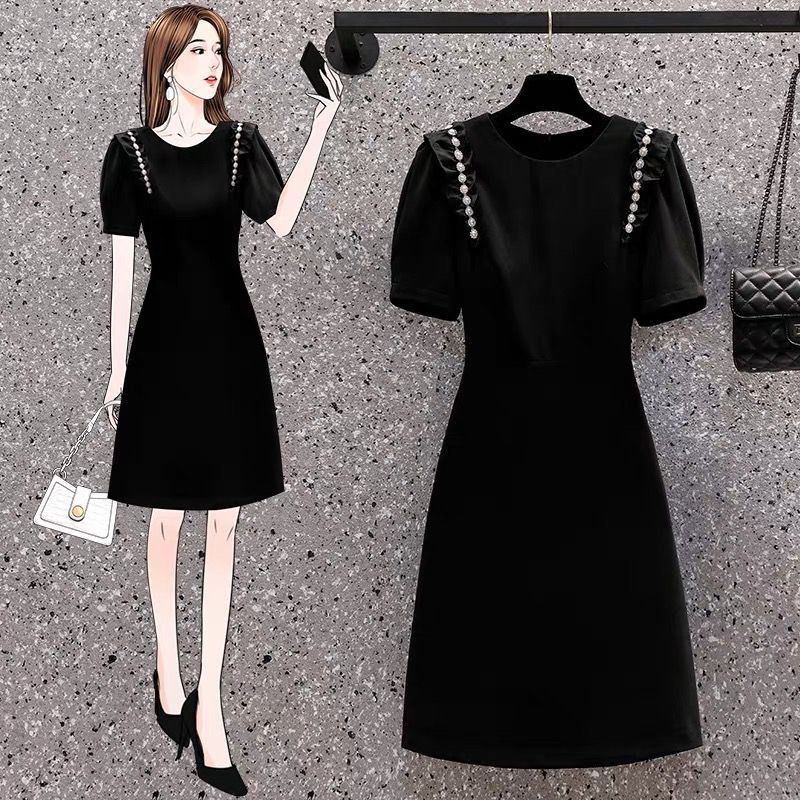 LBD black dress with pearl studs classy