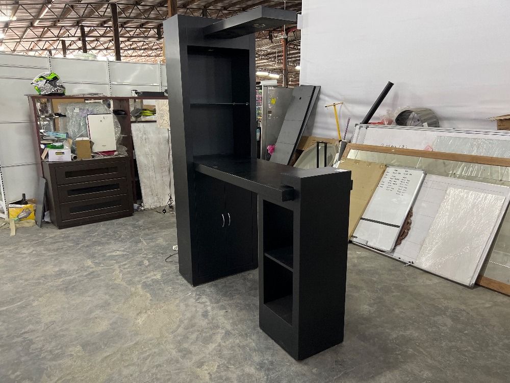 Modern Black Wooden Bar Table with Display Shelf & Light / Meja Bar