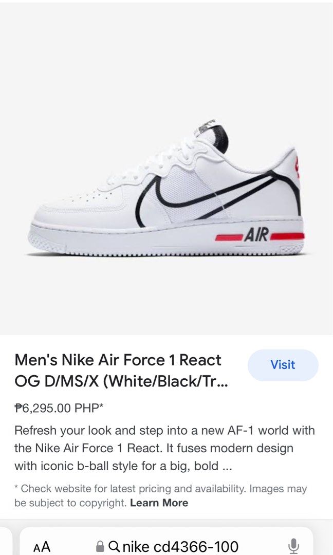 Nike Air Force 1 React White Black Red Men's - CD4366-100 - US