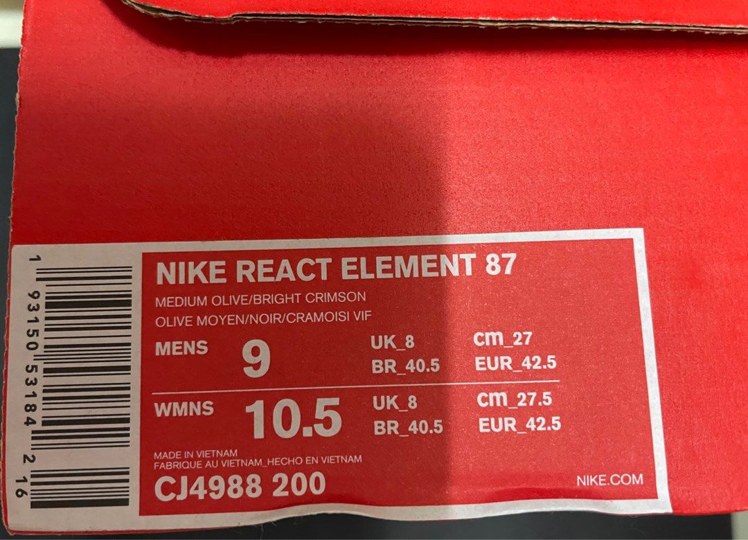 Nike React Element 87 （分類：波鞋）位於 Hong Kong。 由 milk_teapig 提交（商品編號 1198646807，圖片 4）。簡介： Brand New US9。
