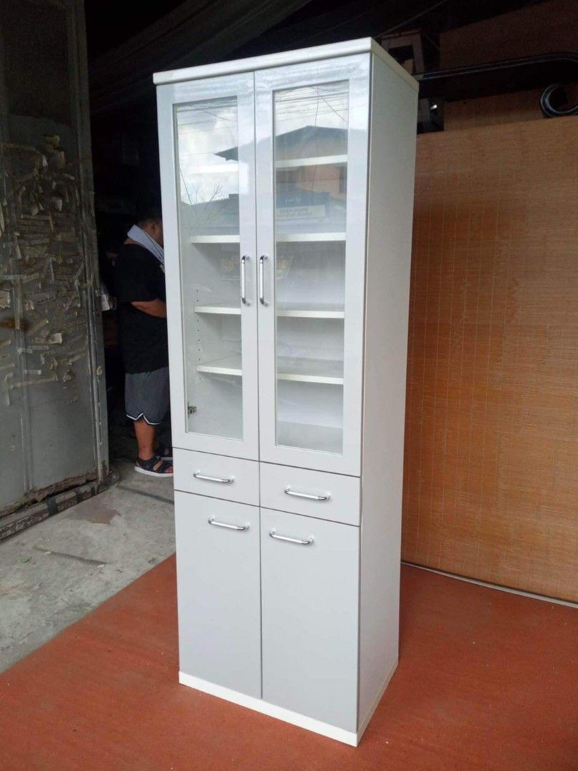 Pantry Cabinet / Displayer ✅L23.5 W16.5 H71 inches ✅2 glass doors with adjustable shelves ✅2 wooden door withbadjustable shelf ✅2 pullout drawer ✅In very good condition ✅Japan surplus ✅On hand, ready to deliver (Category: Shelves, Cabinets & Racks) located in Manila. Submitted by Hezcki (Listing ID 1198607612, Image 3). Description: .