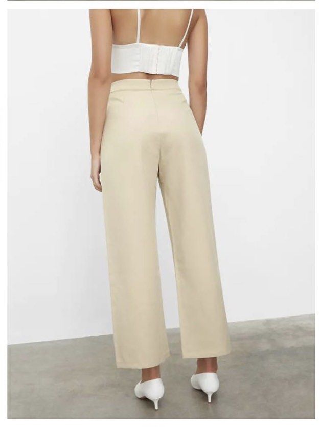 High Waist Wide Leg Pants - Beige - Pomelo Fashion