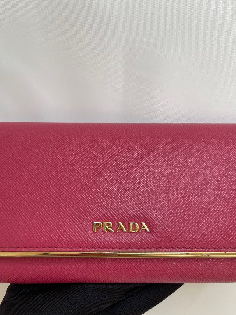 Prada Pink Saffiano Lux Leather Metal Bar Flap Continental Wallet