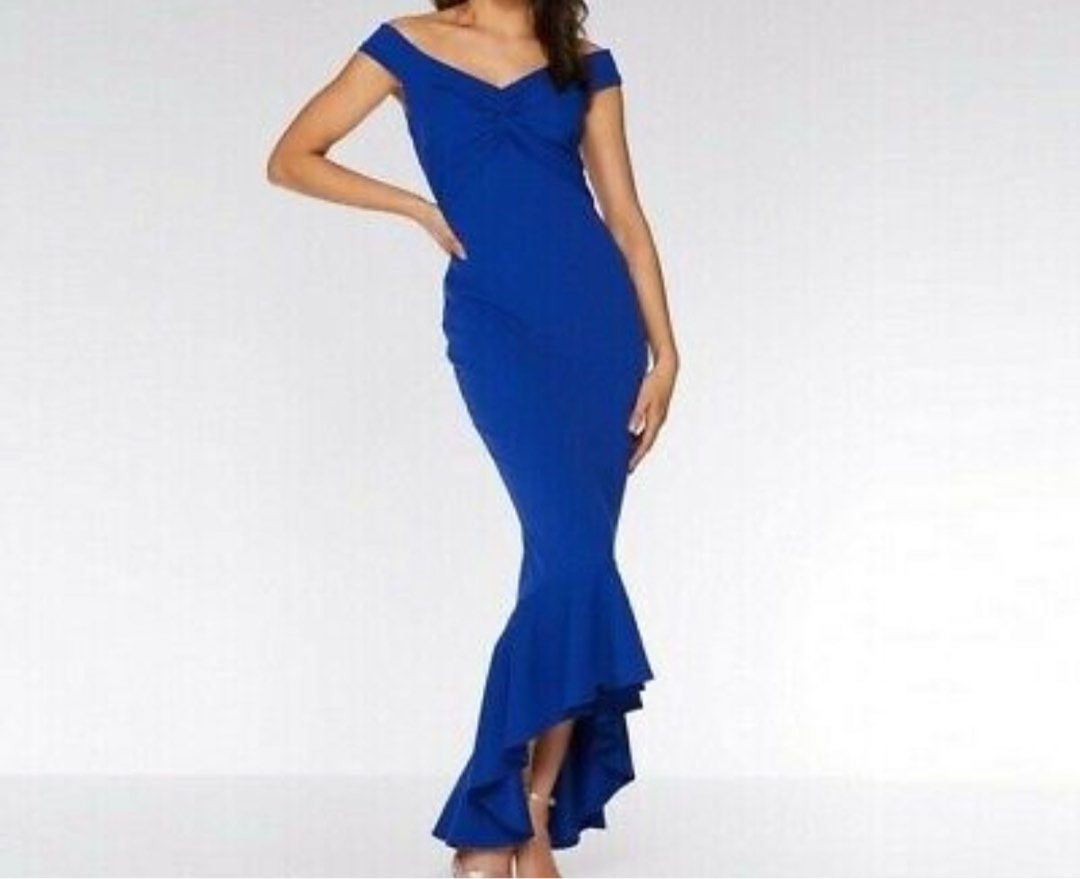 7000007 Royal Blue Bardot Slit Evening Dress