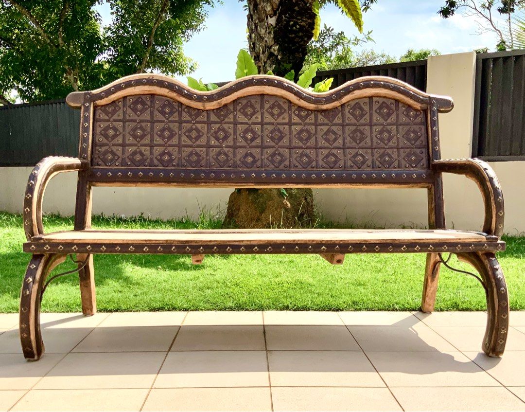 Rajasthani antique traditional cart bench solid wood with iron and brass work from Jodhpur