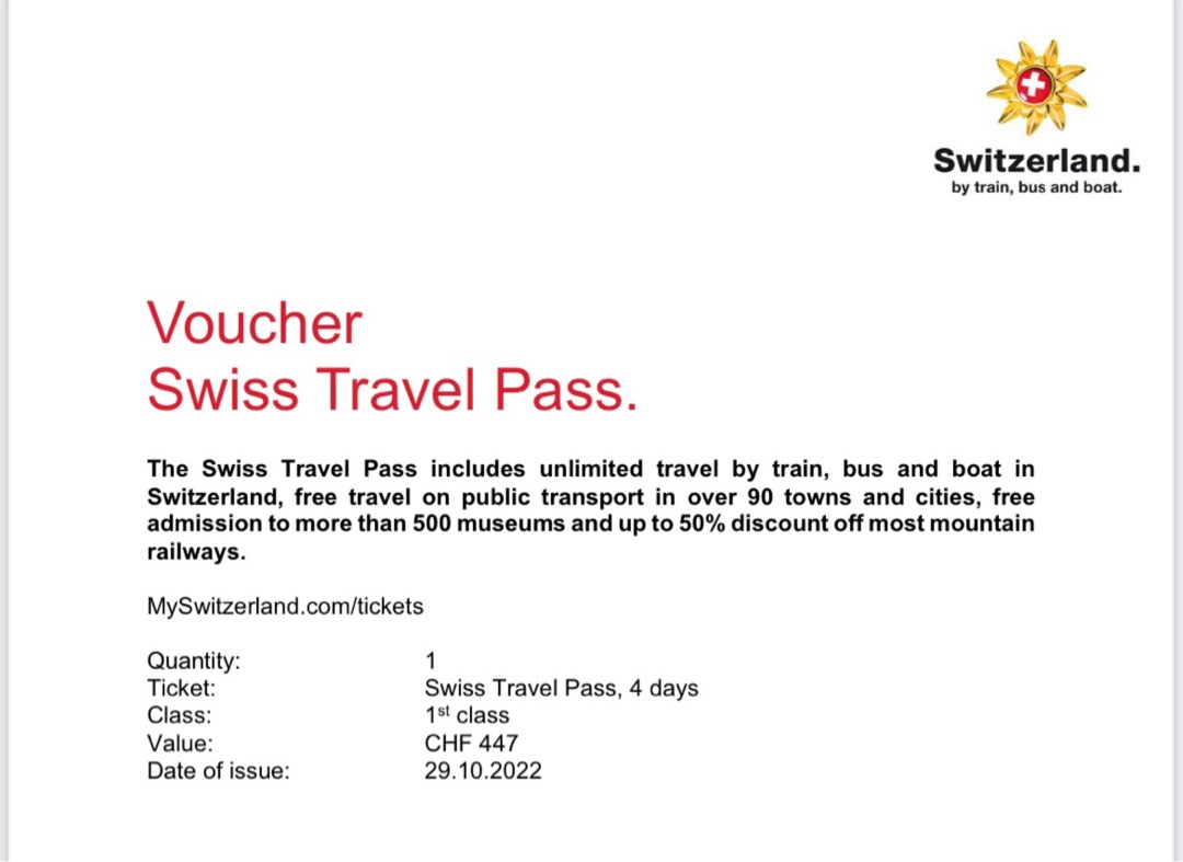 4day Swiss Travel pass (1st class) Switzerland train voucher