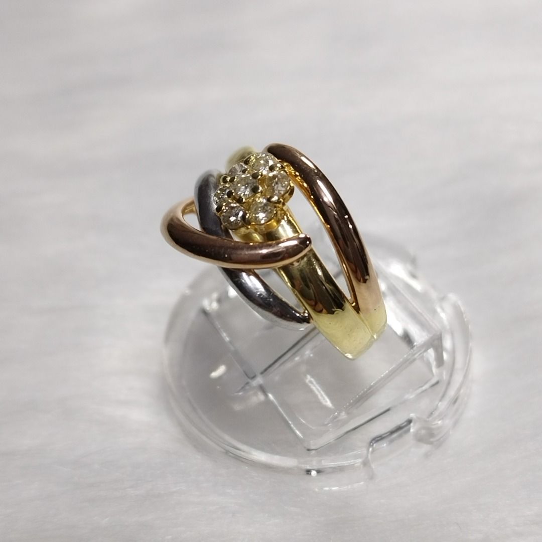 18K Japan Gold Tri-Color Ring with Real Natural Diamonds, Women's