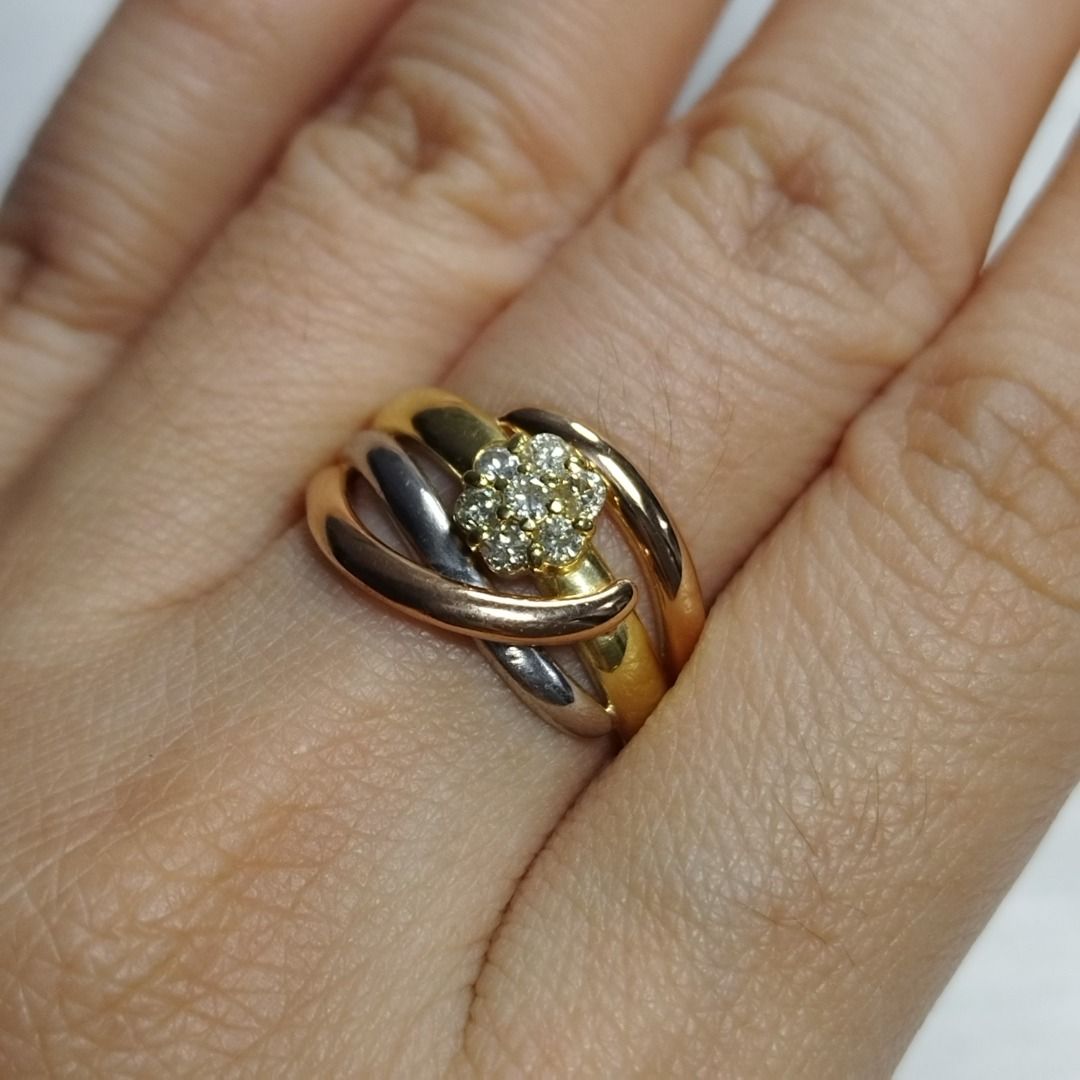 18K Japan Gold Tri-Color Ring with Real Natural Diamonds, Women's