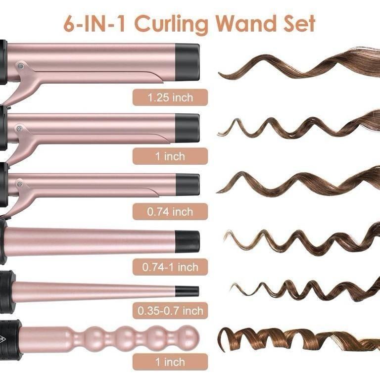 6 IN 1 Elehot Curling Iron Set Professional Curling Wand Set Instant Heat Up Hair Curler with 6 Interchangeable Ceramic Barrels 0.35 to 1.25