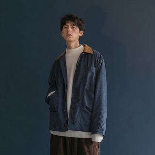 日系復古鹿皮絨撞色翻領多口袋外套