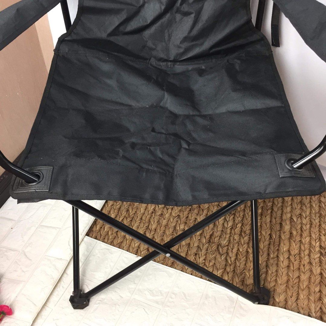 ANKO Basic Camp Chair (Black) (Category: Hiking & Camping) located in Pasay City. Submitted by ayinong168 (Listing ID 1198772333, Image 2). Description: Description: -Approx. Dimension (CM): 81 cm (H) x 80 cm (W) x 50 cm (D) -Material: Powder coated steel and polyester fabric -Features foldable body built for convenience and easy-to-store capability -In color powdered black for minimal pattern NOTE: Actual item has ripped part at the backrest por