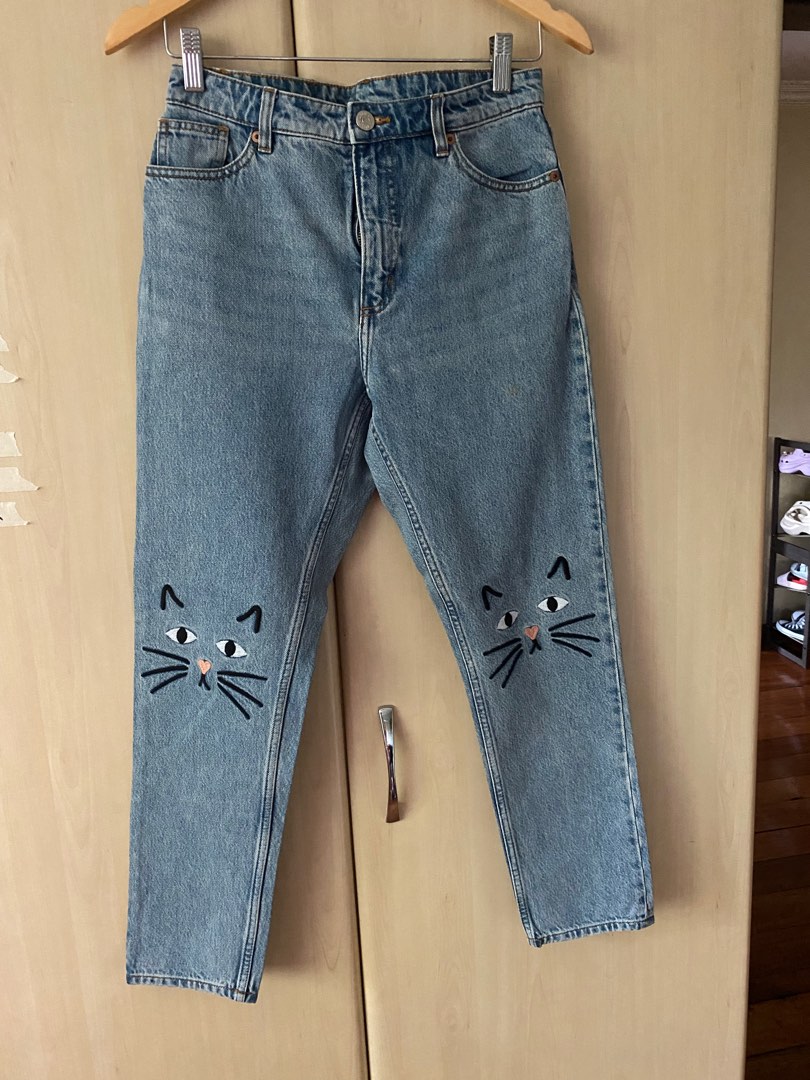 AUTH MONKI SA WAIST 28 VERY CUTE WITH CAT EMBROIDERY STRAIGHT LEG JEANS PANTS, Women's Fashion