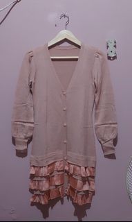 Long cardi cardigan Lengan Balon Ruffle Satin Dusty Pink Like New
