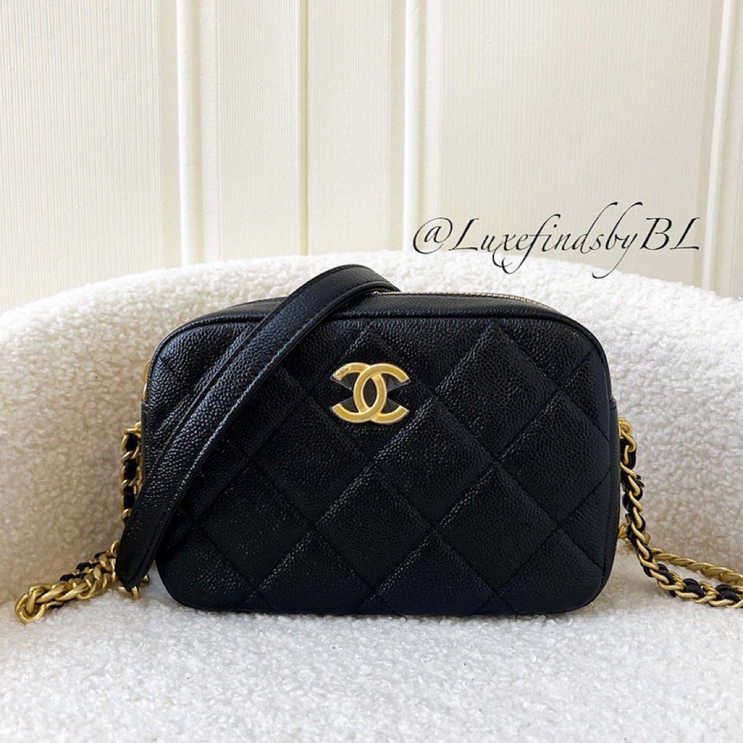 Authentic Chanel Black Vintage Camera bag in Caviar and 24k Gold