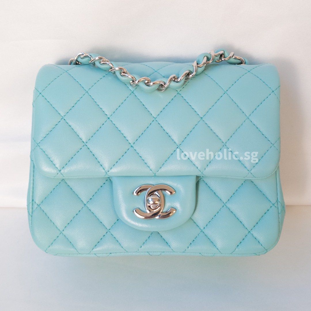Chanel Classic Flap Mini Square  Tiffany Blue Lambskin Silver Hardware sku  1484, Luxury, Bags & Wallets on Carousell