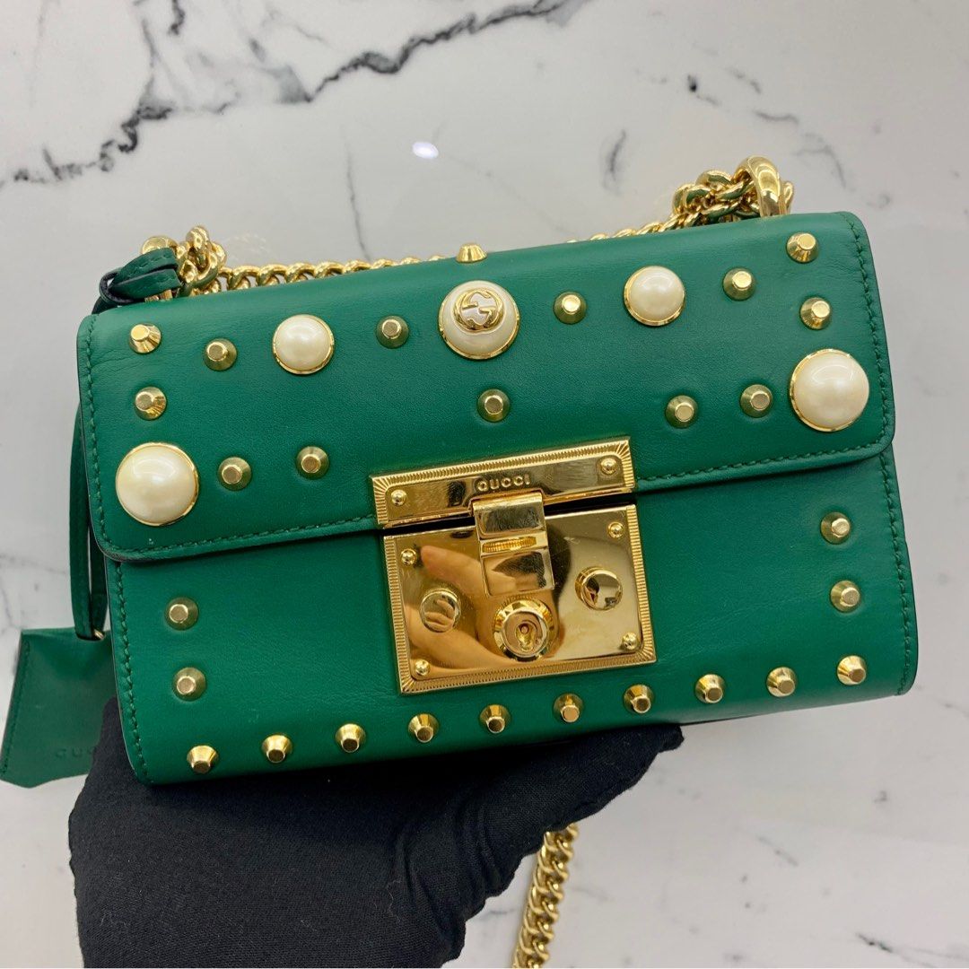 GUCCI 432182 GREEN LEATHER PADLOCK CHAIN SHOULDER BAG 227028857
