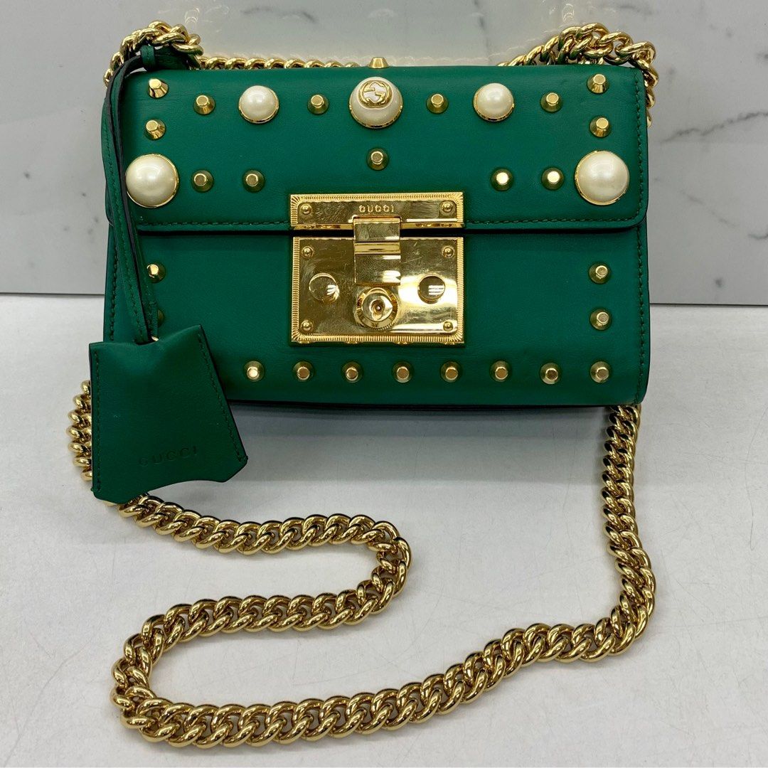 GUCCI 432182 GREEN LEATHER PADLOCK CHAIN SHOULDER BAG 227028857