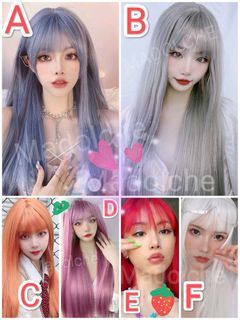 Hair wigs cosplay ash blue ash grey orange pink red white long hair bangs
