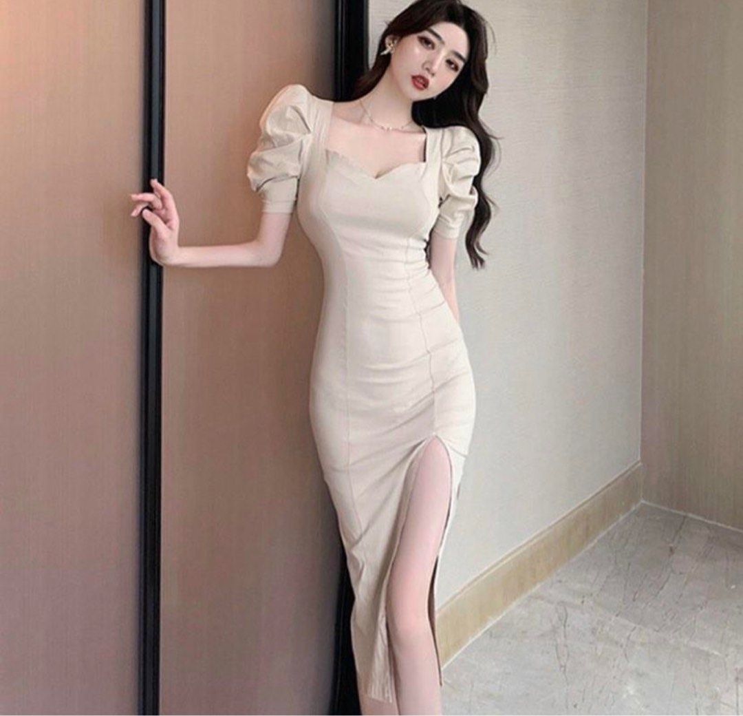 Modern Filipiniana Khaki Body-hugging Maxi Slit, Women's Fashion ... image.