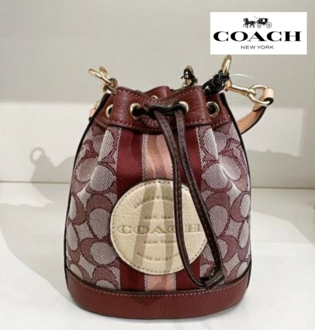 New Coach Original Mini Dempsey Bucket Bag In Signature Jacquard In Gold Wine Multi Crossbody Top Handle Bag For Women Come With Complete Set Suitable