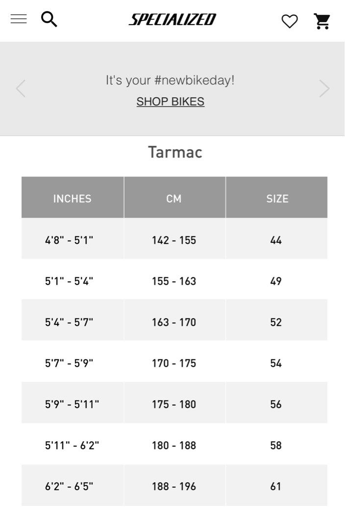 Size chart 2025 specialized tarmac